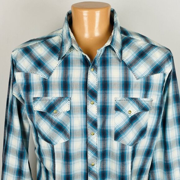 Vtg 90s Wrangler Yoke Pearl Snap Western Shirt Sz XL Blue Plaid Cowboy Ranch - Picture 2 of 6